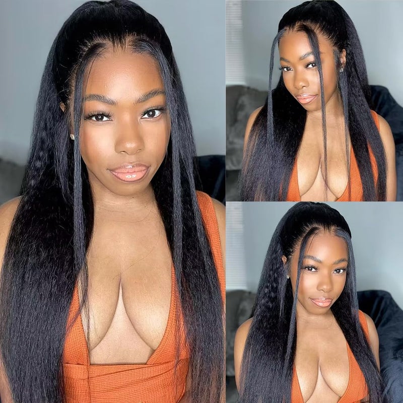 veravicky Kinky Straight Wig 16 Inch 180% Density Yaki Straight Human Hair Wig With Pre-Plucked Hairline & Adjustable Straps,Natural Black 13x4 Lace Front Wigs Human Hair For Black Women - Image 2
